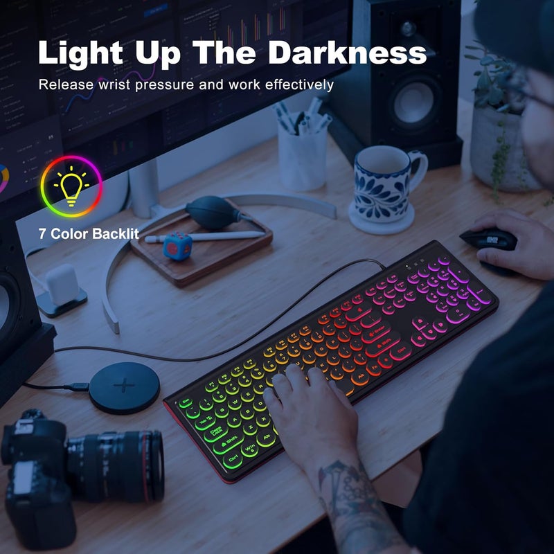 Atelus USB Wired Keyboard with Backlit 7-Colors, Full Size Keyboard with Retro Keycaps, Numeric Keypad and Media Hotkey for Computer Desktop PC Laptop and Windows 7 8 10 11 - Image 2
